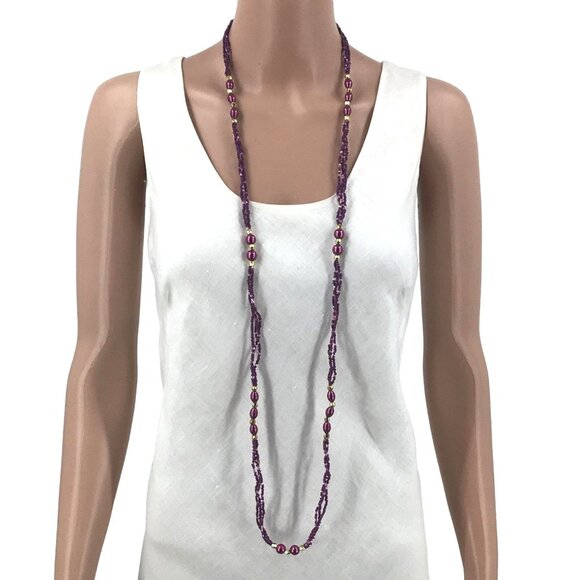 Purple Beaded Necklace Long Length Light Weight 50 Inch Length - Picture 2 of 2